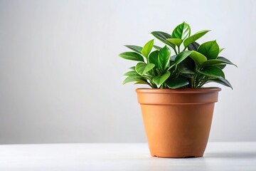 Fototapeta premium Potted plant with green leaves and brown pot on white background