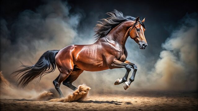 Powerful stallion performing a levade in freedom macro