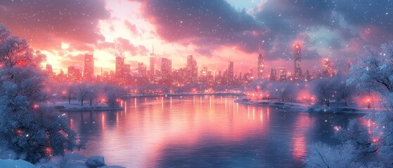 Snowy Cityscape with Pink Sunset Reflected on Water
