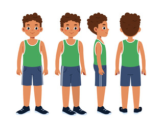 Fototapeta premium Fitness boy constructor. Guy in sportive uniform. Kit for creating animations. Pack of character in various angles. Cardio training and workout. Flat vector collection