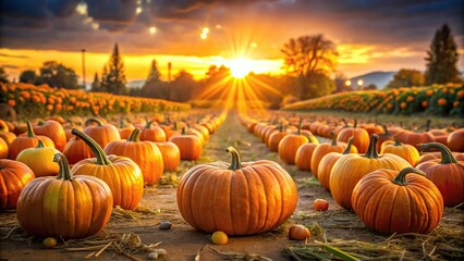 Pumpkin farm in golden hour during Halloween with orange pumpkins, sunshine, decorations