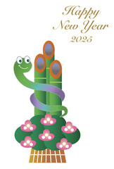 門松にまきつくヘビの年賀状
