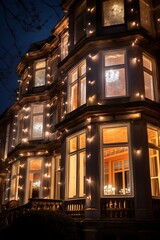 A large, historic building with a bay window is illuminated by string lights at night.