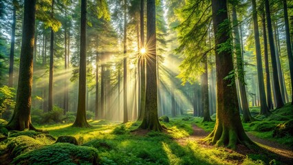 Obraz premium Giant trees pierce the air, their leaves a kaleidoscope of color, with verdant undergrowth crawling up their sturdy