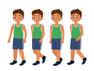 Fototapeta premium Fitness boy constructor. Guy in sportive uniform walk. Kit for creating cartoons. Pack of character in various angles. Marathon runner. Flat vector collection
