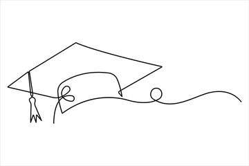 Continuous cap one line art drawing of graduation hat concept outline vector