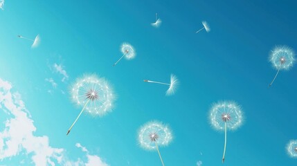 Dandelion seeds floating in air on a blue background