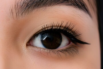 Obraz premium Close-up photograph of a left open eye, dark brown iris, natural black eyebrow, tan Malay skin, subtle eyeshadow, with generative ai