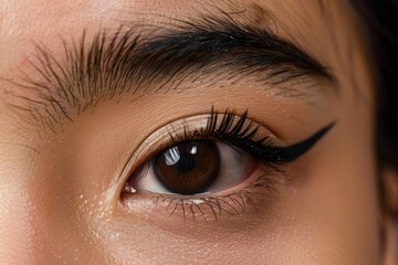 Obraz premium Close-up photograph of a left open eye, dark brown iris, natural black eyebrow, tan Malay skin, subtle eyeshadow, with generative ai
