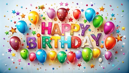 Happy Birthday in Bold, Colorful Script with Confetti and Balloons