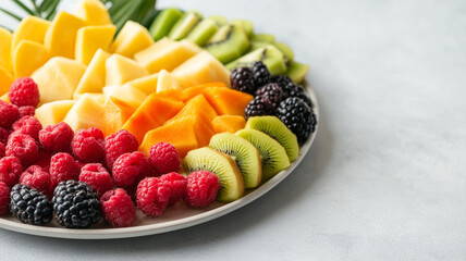 A vibrant and neatly arranged tropical fruit platter featuring variety of fresh fruits like mango, kiwi, and berries, perfect for healthy snack or dessert