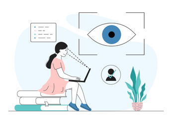 Woman with scanner of eye. Girl with laptop undergoes biometric authentication. Internet safety and security. Recognition and identification. Linear vector illustration