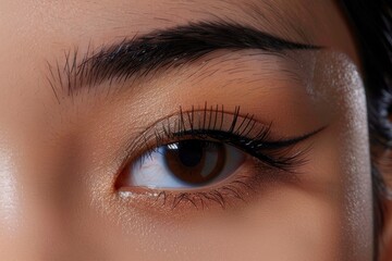 Fototapeta premium Close-up photograph of a left open eye, dark brown iris, natural black eyebrow, tan Malay skin, subtle eyeshadow, with generative ai