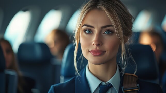 Flight attendant demonstrating safety procedures to passengers before takeoff, professional and focused, sharp indoor lighting, soft focus on the cabin.