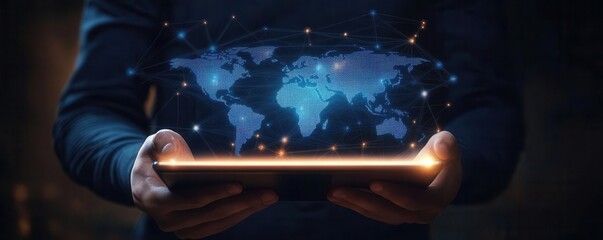 Person holding tablet displaying a digital world map, illustrating global connectivity and technology in modern communication.