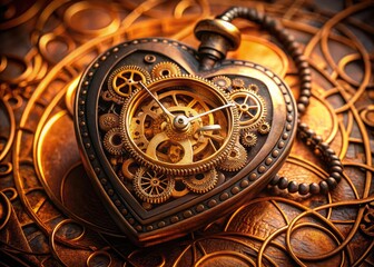 Intricately crafted, antique-style timekeeper encases a glowing, golden heart, adorned with gears, copper filigree, and leather straps, evoking a sense of nostalgia and sci-fi romance.