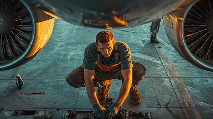 Airline mechanic working underneath the airplane on the tarmac, focused on repairs, sharp focus, high contrast, dynamic sunlight.