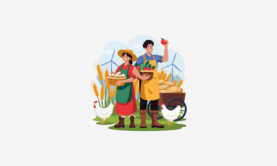 Naklejka premium A farming couple holding vegetables in a crate with tools.