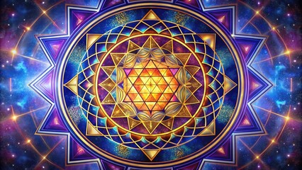 Intricately drawn sacred Hindu symbol Sri Yantra, also known as Yantra of Sri, features nine interconnected triangles representing cosmic unity and spiritual enlightenment.