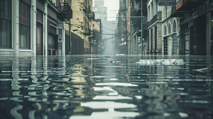 A city flooded with water and buildings in the background. The scene is bleak and desolate