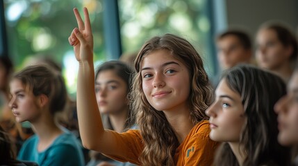 Fototapeta premium High school student raising their hand in class, engaged in a discussion, natural daylight coming through windows, soft focus on the student.