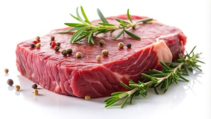 Raw beef steak with herbs on white background with shallow depth of field