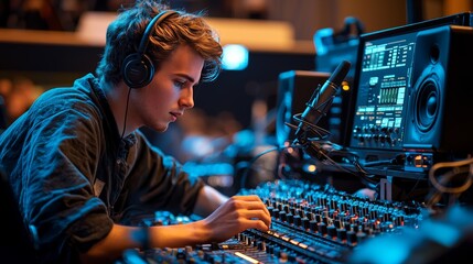 Audiovisual technician setting up equipment for a school event, adjusting microphones and projectors, dynamic lighting, high detail on equipment.