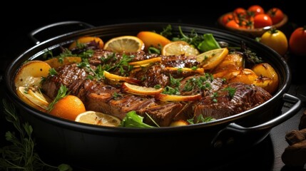 Delicious steak in a savory sauce with herbs and lemon.
