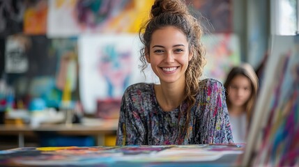 Art teacher guiding students in a painting class, bright and colorful art supplies on the table, soft indoor lighting, focus on creative expression.