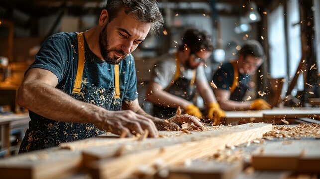 Vocational teacher demonstrating woodworking techniques, students using tools in a workshop, sharp focus on details, warm indoor lighting.