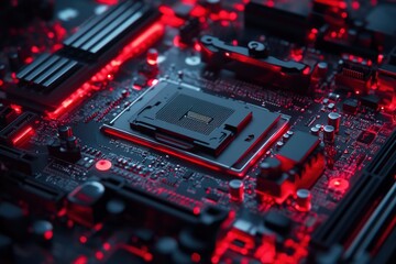 Fototapeta premium concept The motherboard in the picture is Brain Technology RAM Gaming. This motherboard has chipset and supports 12th Core processors. Generate AI with generative ai