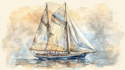 A watercolor painting of a sailboat with full sails against a cloudy sky.