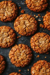 Obraz premium Close-up of homemade oatmeal cookies on black slate background.