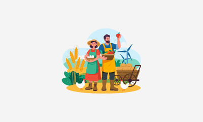 A farming couple with produce baskets and wind turbines background.