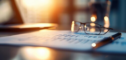 Obraz premium Close-up view of a glasses, pen, and document with charts, illuminated by warm light, perfect for business and office themes.