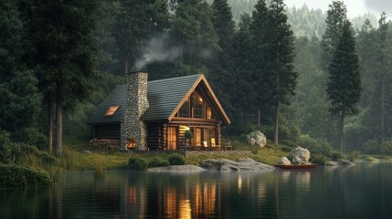 Fototapeta premium Cozy Cabin by the Lake