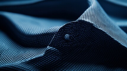 Close-up of an elegant, dark blue shirt fabric with detailed texture and pattern, highlighting the fine craftsmanship.