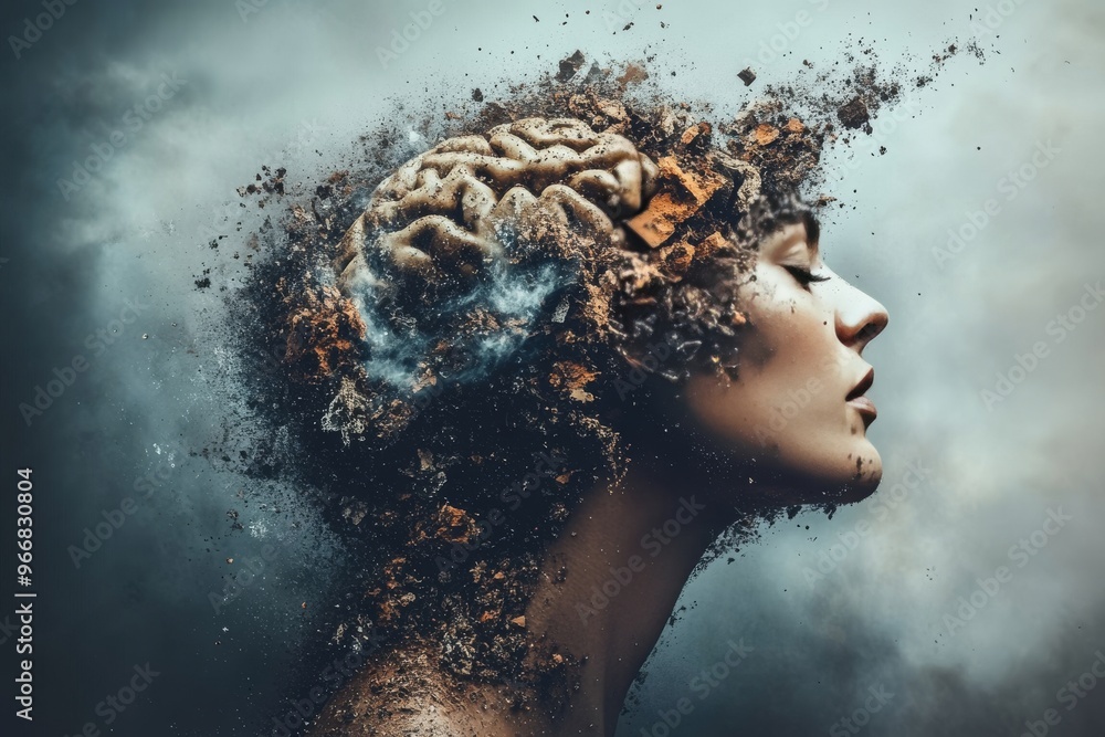 Aufkleber synaptic integration brainwave mapping and neural modulation portrait of a woman with fragmented bra
