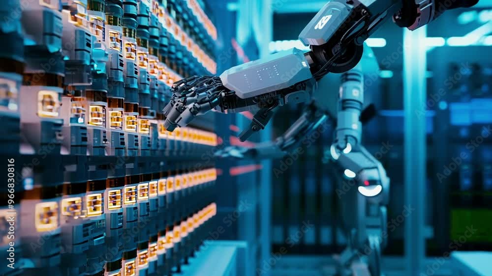 Aufkleber robotic arm selects a battery cell from a shelf, showing automation in battery production. this imag