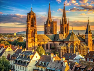 Fototapeta premium Majestic Gothic Strasbourg Cathedral rises above quaint Alsatian rooftops, its intricate stone carvings and vibrant red sandstone façade glowing warmly in the golden afternoon light.