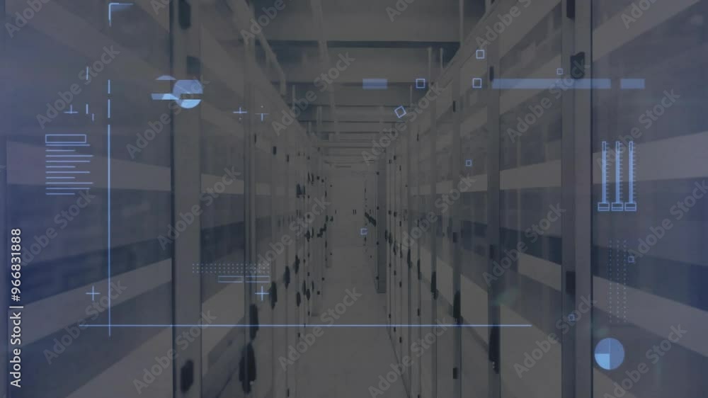 Aufkleber animation of data processing over server room