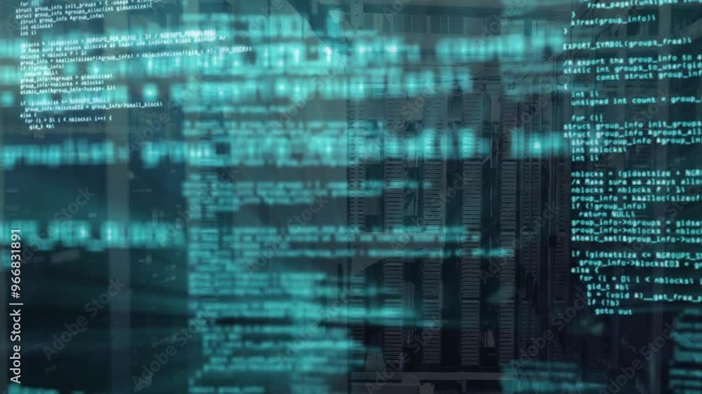 Aufkleber animation of data processing over server room