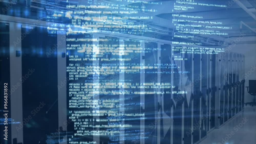 Aufkleber animation of data processing over server room