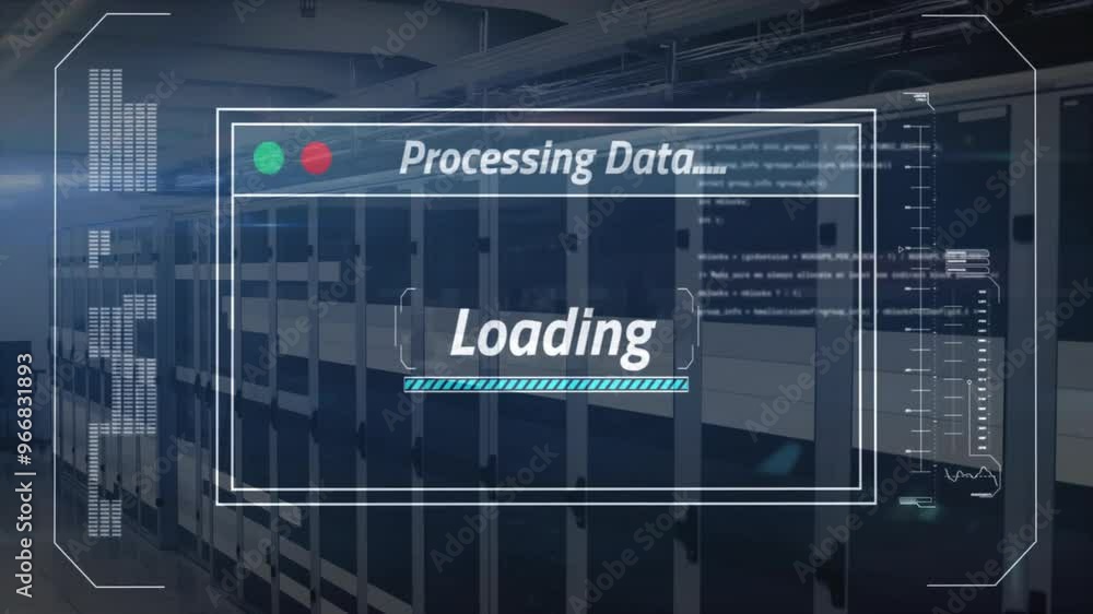 Aufkleber animation of data processing over server room