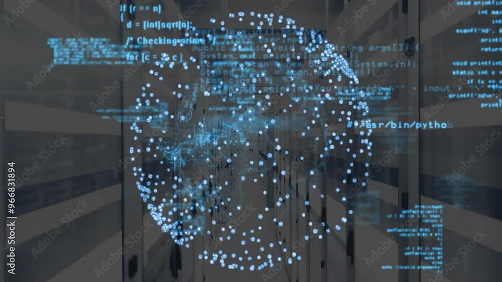 Poster animation of data processing with globe over server room