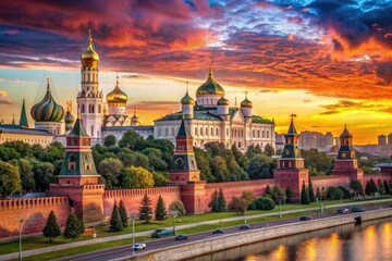 Majestic panoramic view of Moscow's Kremlin complex at sunset, featuring iconic onion-shaped domes, grand palaces, and historic walls set against a vibrant orange sky.