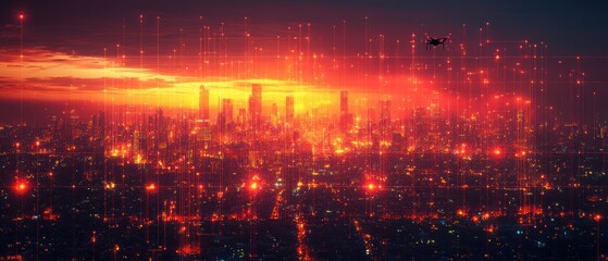 Fototapeta premium Drone Flying Over A City With Red Digital Lines