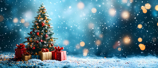 “A Christmas Tree Adorned with Bokeh Lights and Surrounded by Gifts on a Dark Background, Creating a Festive and Cozy Atmosphere, Perfect for Holiday Celebrations, Seasonal Decor, and Festive Greeting