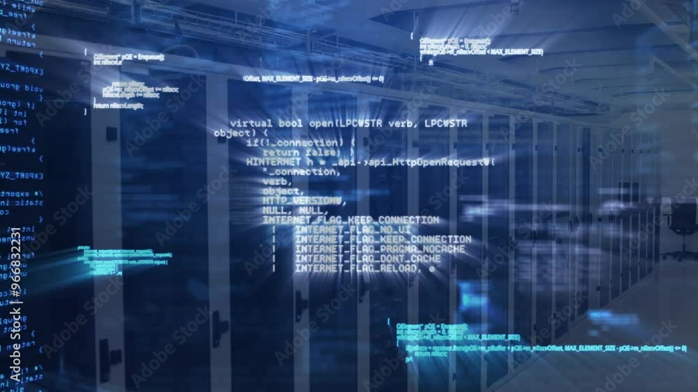 Aufkleber animation of data processing over server room