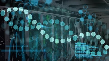 Animation of data processing with dna strand over server room - Powered by Adobe